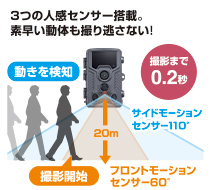 3つの人感センサー搭載。素早い動体も撮り逃さない！