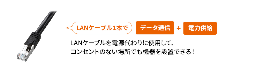 LANケーブル1本で データ通信+電力供給 LANケーブルを電源代わりに使用して、コンセントのない場所でも機器を設置できる！